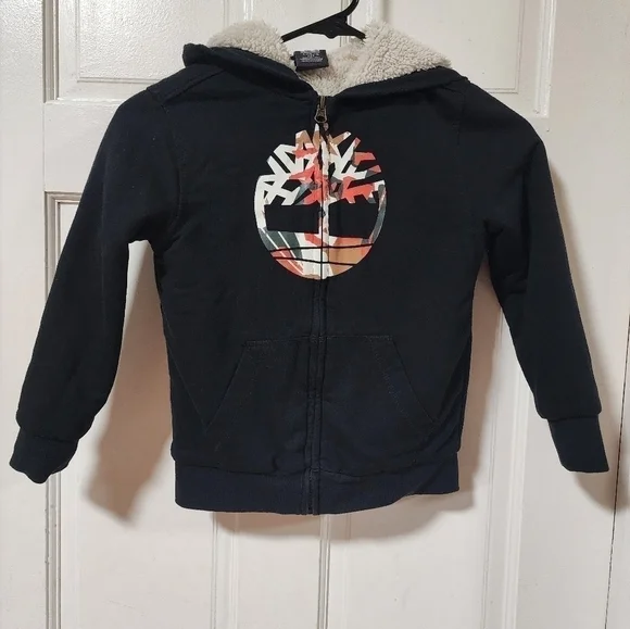 Timberland Kids L/G (6) Black Full-Zip Sherpa Lined Hoodie Sweatshirt Jacket - Picture 4 of 9